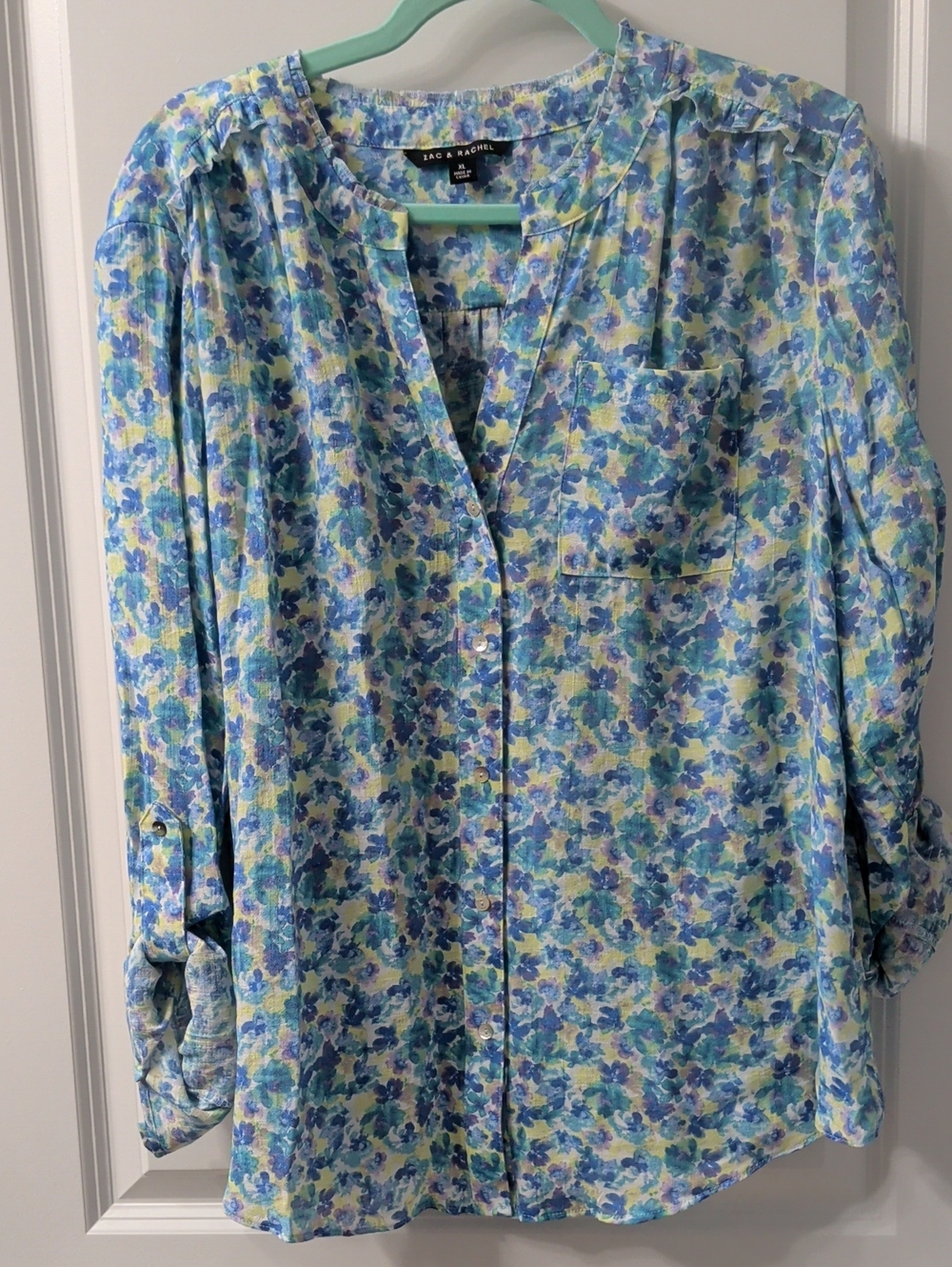 Zac & Rachel Floral Button-Front Blouse in Blue and Green